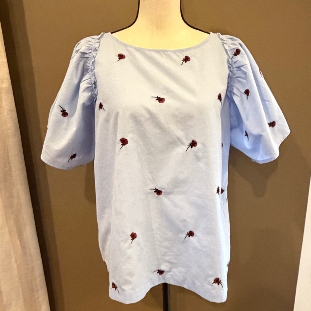 LOFT Floral Rose Light Blue Embroidered Poof Flare Sleeve Blouse, Size Large